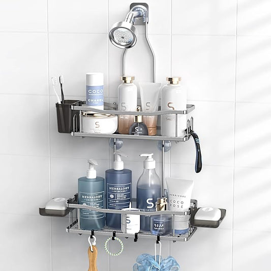 Aitatty Hanging Shower Caddy Bathroom Organizer: Rustproof Shower Shelf Racks Over Shower Head - No Drilling Inside Bath Shower Rack Shelves Over Showerhead for Shampoo with Soap Holder Silver | Includes Soap Holder and Hooks for Shampoo, Conditioner, ...