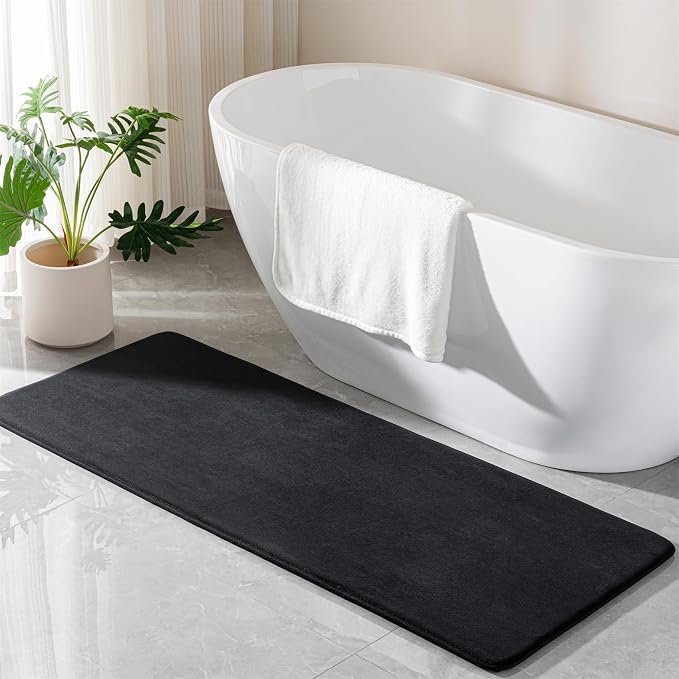Black Memory Foam Bath Mat Long 24x60 Bathroom Runner Rug Non Slip Washable | Soft Absorbent Microfiber Bathroom Carpet Thin Bathrug