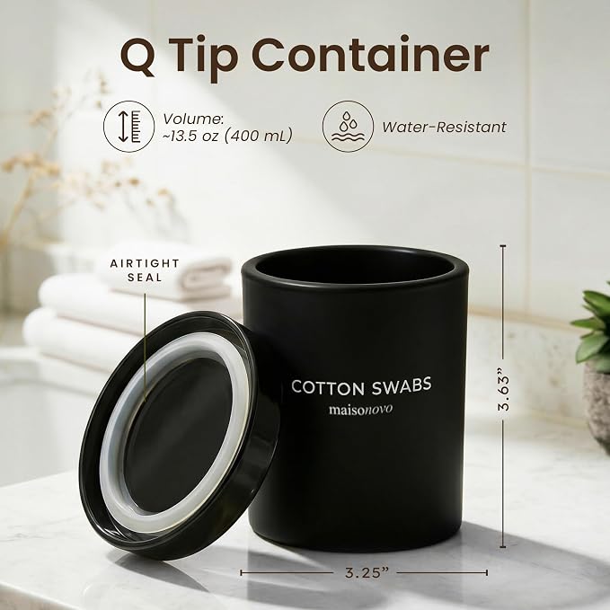 MaisoNovo Glass Bathroom Containers with Lids (Airtight) - Qtip Holder - Apothecary Jars for Cotton Rounds, Swabs, Balls, Pads - Black Q Tip Dispenser - 2 pcs Bathroom Canisters Set for Organization