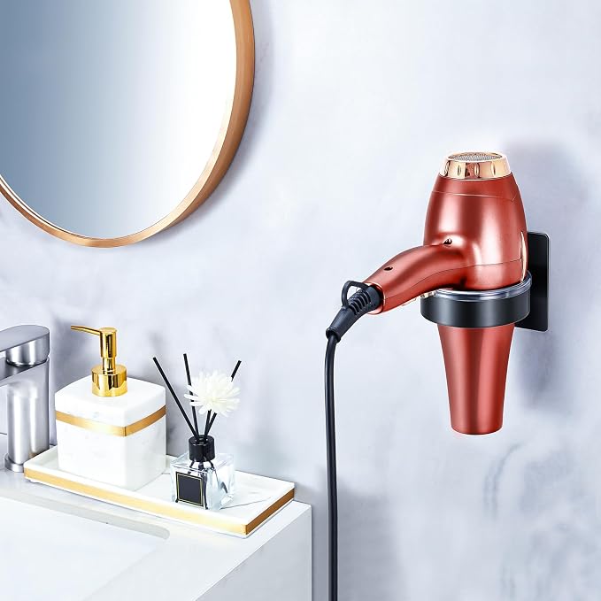 Hair Dryer Holder Wall Mounted, Blow Dryer Holder, Hair Tool Organizer for Hair Dryer Storage Hanger, Adhesive Hairdryer Holder for Bathroom Barber Shop (Black)