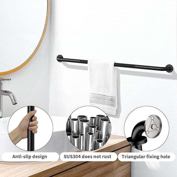 48 Inch Matte Black Shower Grab Bar w/Anti Slip Grip, ZUEXT Stainless Steel Bath Grab Bar,Bathroom Balance Bar, Wall Mount Safety Handrail Support, Handicap Injury Elderly Senior Assist Handle
