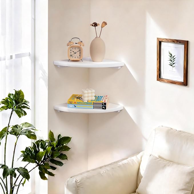 Gieanoo Floating Corner Shelves Set 2 16inch White Solid Oak Rounded Corner Shelves Wall Mounted with Cable Hole Wood Corner Hanging Shelves for Living Room Bedroom Bathroom Kitchen