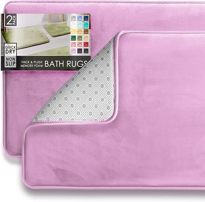 Clara Clark Bathroom Rug Set, 2 Piece Velvet Memory Foam Bath Mats with Non-Slip PVC Backing - Lavender Dream, Dries Quickly, Washable, Waterproof, Fade Resistant - 17x24 + 20x32 inches