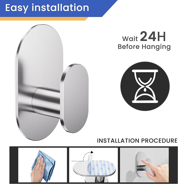 Aikzik Adhesive Towel Hooks - 4 Pack 26LB Heavy Duty Wall Sticky Waterproof Hooks for Hanging Coat, Towel, Robe, Wall Mount for Bathroom or Kitchen (Silver, Stainless Steel)