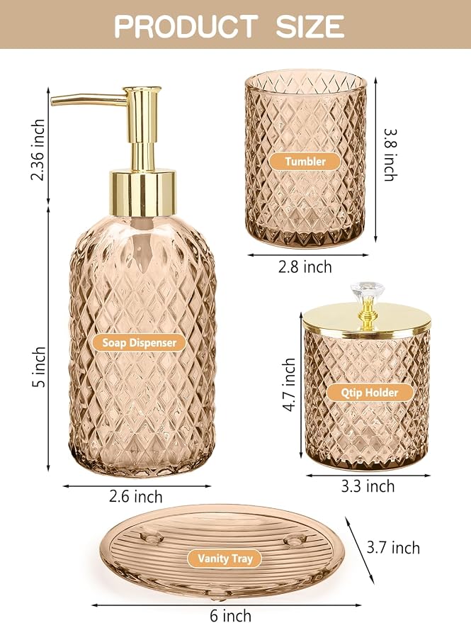 Haturi Glass Bathroom Accessories Set, Amber Brown Bathroom Set, 4 Pcs | Kit w/ Bathroom Soap Dispenser Set, Toothbrush Holder, Qtip Holder, Soap Dish, Brown Bathroom Decor, Gift for Home Apartment