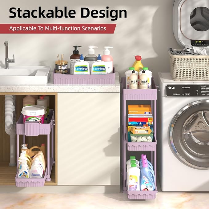 Sevenblue Under Sink Organizer, Bathroom Organizers and Storage, 2 Tier Multi-Use Pull Out Cabinet Organizer with Hang Hooks and Cups (Pink, 14.8 Inch)