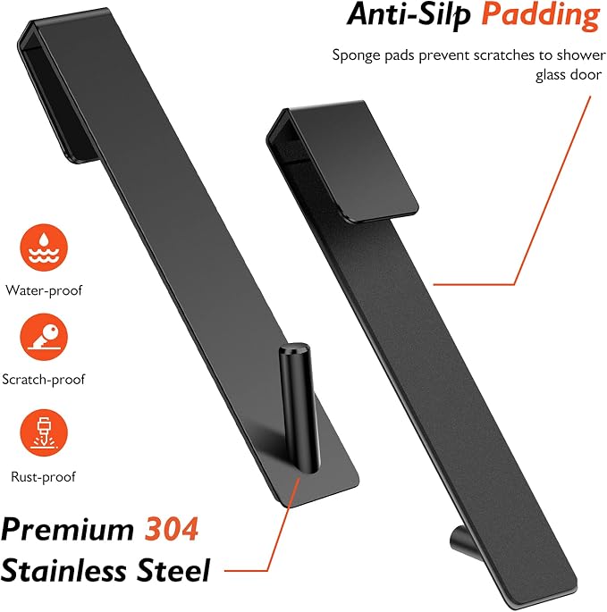 Kontoyo Shower Door Hooks(10 Inch),Extended Over Door Hooks for Bathroom Frameless Glass Shower Door,Stainless Steel Towel Hooks,Heavy Duty Rack Hooks for Robe,Towel-3 Pack-Black