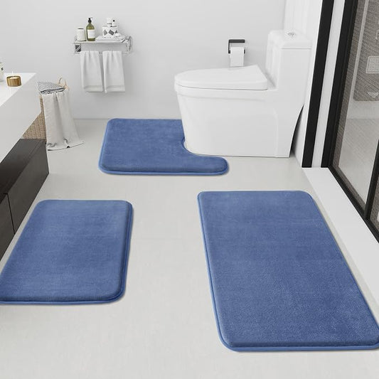 Bathroom Rugs Sets 3 Piece, Non-Slip & Quick Dry Bath Mat Set, Ultra Soft Velvet Bath Rugs for Bathroom, Toilet and Shower Floor, Dusty Blue