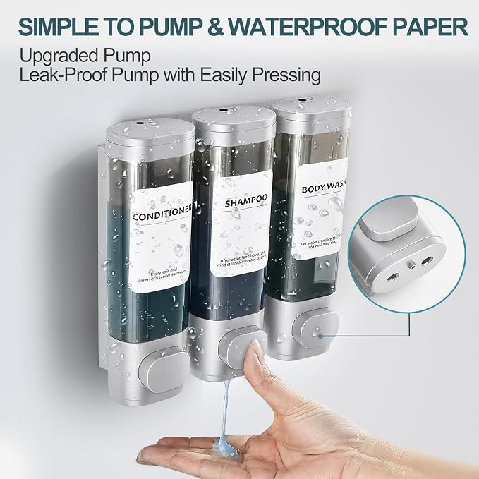 3 Pack Shampoo and Conditioner Dispenser, Shower Soap Dispenser 3 Chamber No Drill Wall-Mounted, Body Wash and Shower Dispenser Set for Shower Wall, Elegant Large Capacity for Bathroom Hotel, Silver