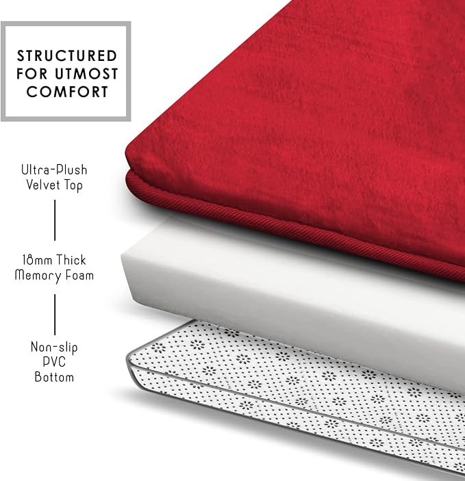 Clara Clark 2 Piece Bathroom Rugs, Velvet Memory Foam Bath Mat Set, Non-Slip Bath Rugs, Machine Wash, Dries Quickly, Ultra Soft Plush Bath Mats for Bathroom, 20 x 32 + Contour, Red