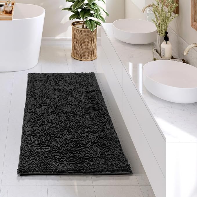 Hearth & Harbor Bathroom Rugs, Chenille Bath Mat - Machine Washable Bath Mats for Bathroom Non-Slip Backing Rubber, Quick Dry Bathroom Mat - Black 24x36