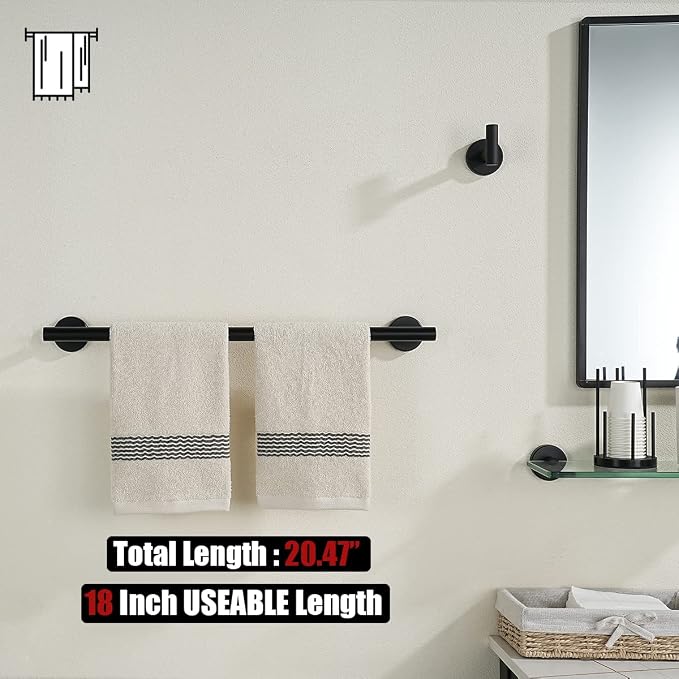 JQK Black Towel Bar, 20.5 Inch 304 Stainless Steel Thicken 0.8mm Towel Rack Bathroom, Towel Holder Matte Black Wall Mount, Useable Length 18 Inch, TB110L18-PB