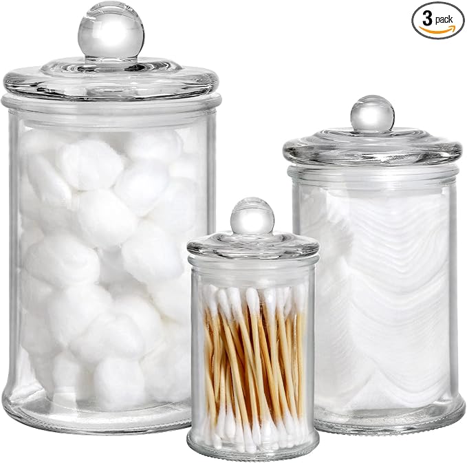 Set of 3 Glass Apothecary Jars with Lids, Bathroom Canisters Storage Container Jars, Decorative Small Glass Apothecary Jar for Cotton Swabs, Cotton Balls, Makeup Sponges, Bath Salts