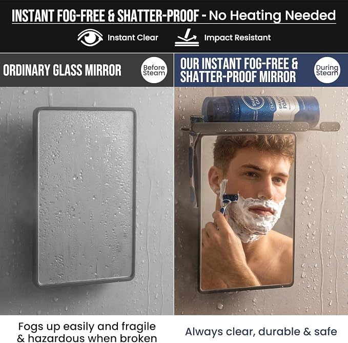 TAILI Shower Mirror Fogless for Shaving,Fogless Mirror for Shower with Tray | Shaving Mirror with Razor Holder, Anti Fog No Drill, Removable, Wall Mounted Bathroom Accessories with Powerful Suction, Grey