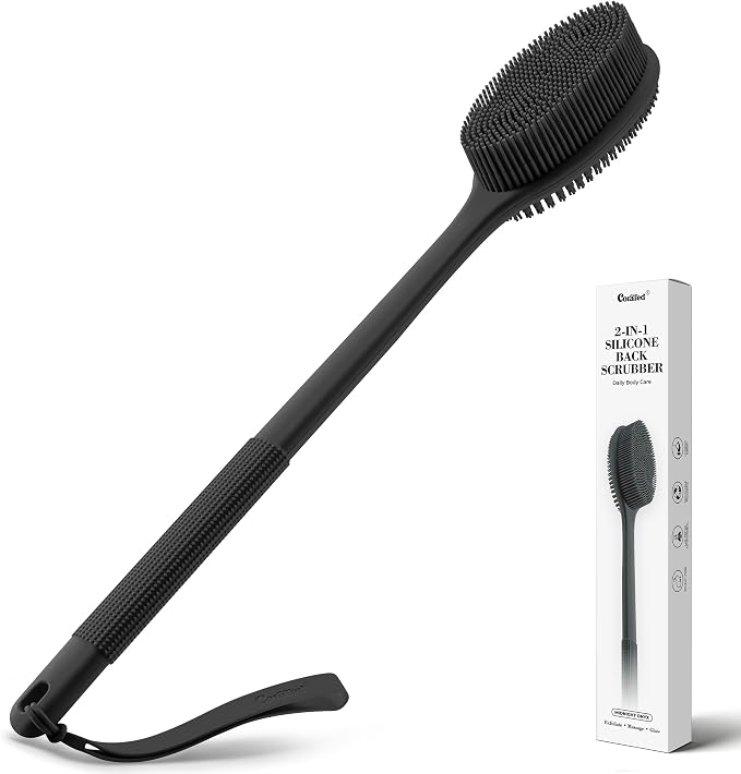CORATED Silicone Back Scrubber for Shower, 2‑in‑1 Body Brush with Handle | Exfoliating Body Scrubber for Women & Men Daily Use, Loofah Alternative Bath Accessories