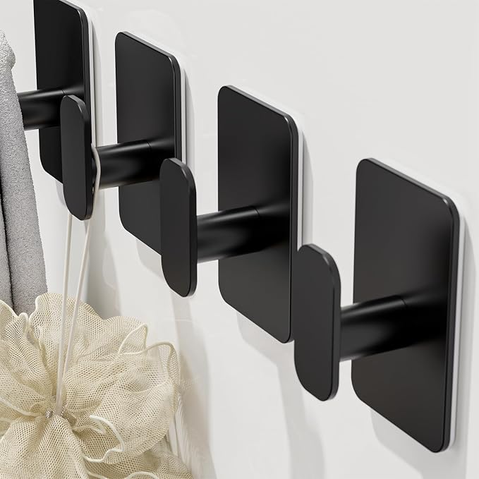 Large Heavy Duty Wall Hooks - 26lb Max, Stainless Steel Adhesive Towel Hooks for Hanging Towel, Coat, Robe, Hat, Sticky Towel Holder for Wall Mount in Bathroom, Shower, Kitchen (Black, 2 Pack)