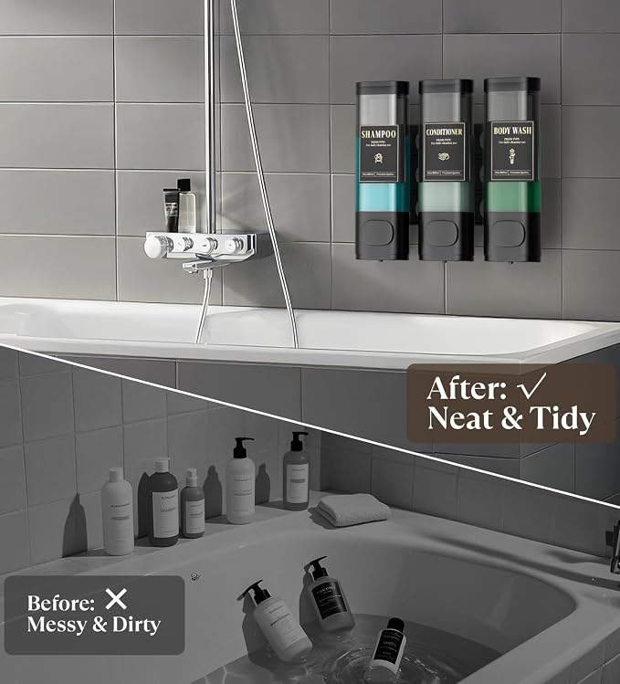 Luxspire Shampoo and Conditioner Dispenser, Shower Soap Dispenser 3-Chamber | Lockable Large Capacity 900ml No-Drill Wall-Mounted Shampoo and Body Wash Dispenser for Bathroom Hotel Kitchen Airbnb