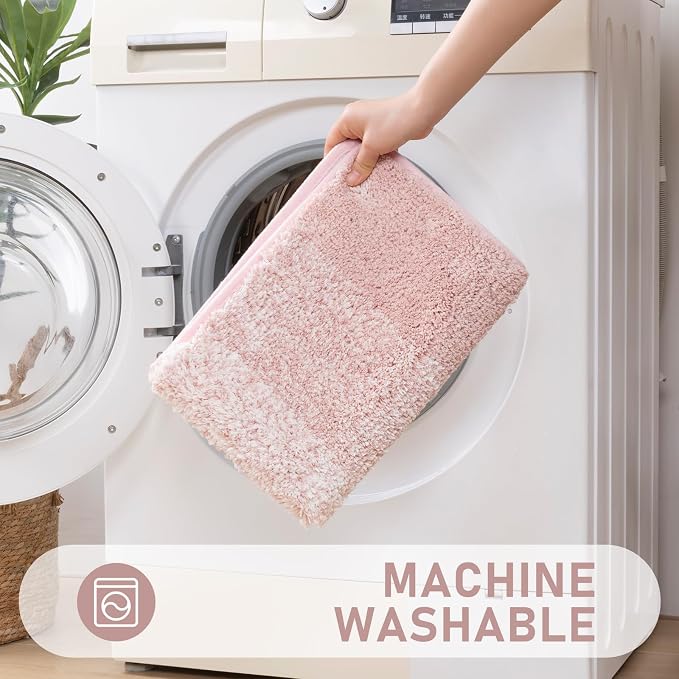 Bsmathom Bathroom Rug Set 4 Piece, Plush Microfiber Bath Mat, Pink | Extra Water Absorbent, Non Slip Washable Runner Bath Rugs with Toilet Lid Cover and U-shaped Contour Toilet Mat