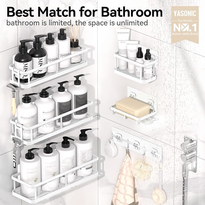Shower Caddy Adhesive, Rustproof Shower Organizer with Soap Holder, Large Capacity Shower Shelves for Inside Shower, No Drilling Bathroom Organizers and Storage for Home Decor（6 Pack White）