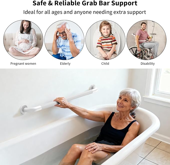 36 Inch White Shower Grab Bar with Anti-Slip Knurled Grip,YuanDe Stainless Steel Bathroom Grab Bars，Shower Handrail Support, Handicap Elderly Balance Assist Handles