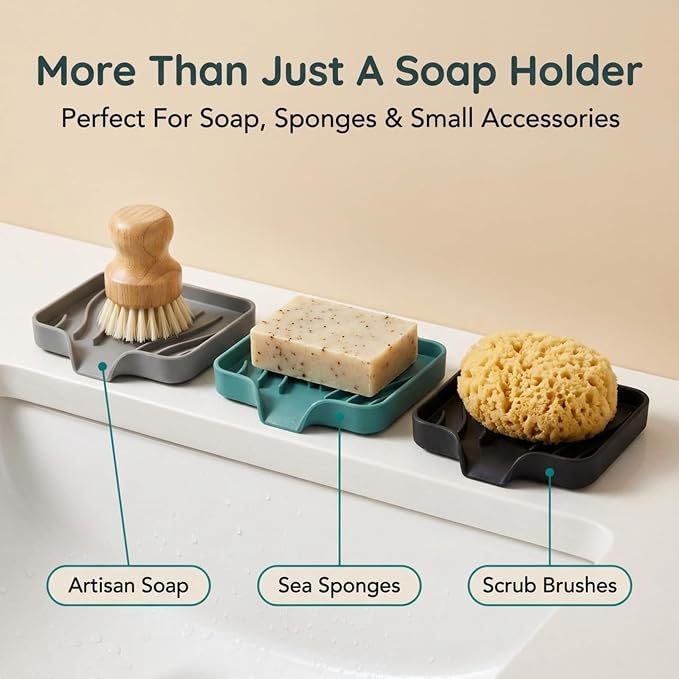 Self Draining Soap Dish with Drain Spout - Bar Soap Holder for Bathroom & Kitchen Sink - Flexible Non-Slip Silicone Soap Holder for Bar Soap, Sponge & Scrubber – 3 Pack