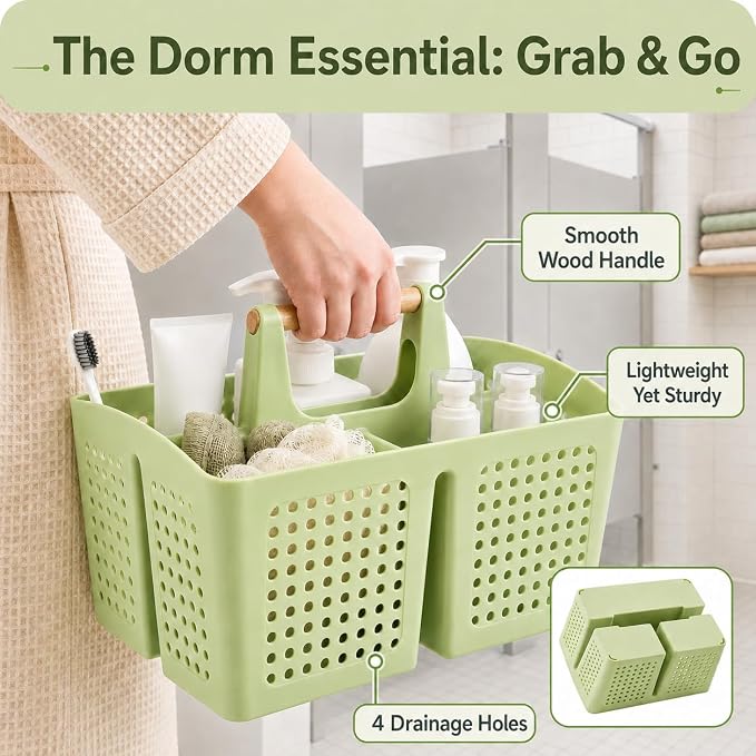 Portable Shower Caddy Basket with Wood Handle, 3-Compartment Bathroom Organizer Tote with Drain Holes, Plastic Shower Basket for Dorm, Toiletries, Cleaning Supplies,Grass Green