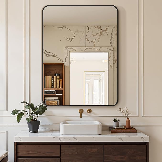Delma Bathroom Vanity Mirror, Black Framed Mirror for Over Sink, 30x40 | HD glass, distortion-free for makeup and grooming, Sturdy frame, all mounting hardware, hangs horizontal or vertical