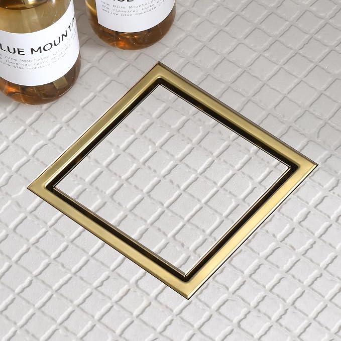 6-Inch Square Shower Drain, Brushed Gold Floor Drain with Flange, 304 Stainless Steel Bathroom 2-in-1 Tile Drain