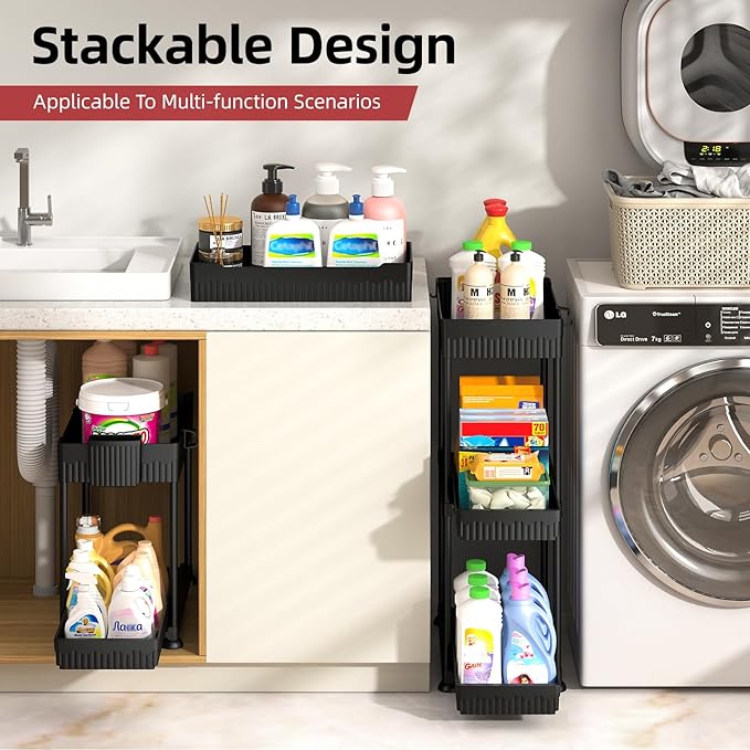 Sevenblue 4 Pack Under Sink Organizer, Bathroom Organizers and Storage, 2 Tier Multi-Use Pull Out Cabinet Organizer with Hang Hooks and Cups (Black, 4 Pack) | Multi-use kitchen & bathroom storage. Includes hanging hooks and cups. Black, space-saving ca...