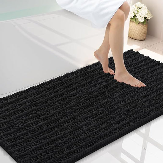 Smiry Bathroom Rugs 47X24, Extra Soft Rubber Backing Chenille Bath Mats | Black Machine Washable Non Slip Quick Dry Bath Mats for Bathroom Floor, Tub, Shower, Home Decor Accessories