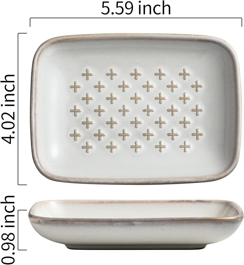 Gomakren Ceramic Soap Dish for Bar Soap 5.5in Cross Soap Saver Tray, Beige | Prevents soggy soap, non-slip bottom, easy to clean, bathroom soap holder, multi-use for sink shower, sponge butter & jewelry