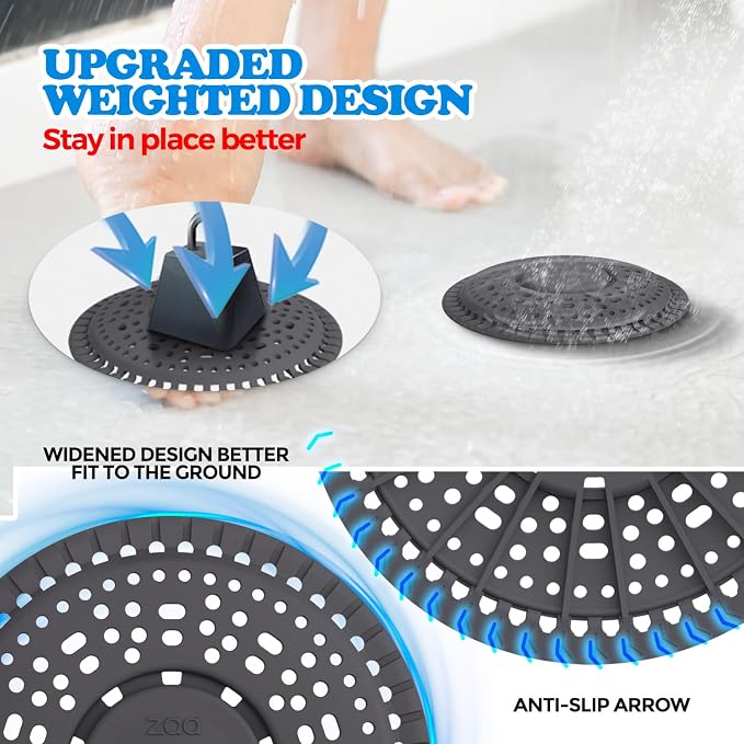 Shower Drain Hair Catcher Silicone Flat Floor Strainer Protector | 2 Pack Black Weighted Flat Shower Drain Protectors, Traps Hair Before Clogs, Easy to Clean in Seconds, Fits Flat Floor Drains