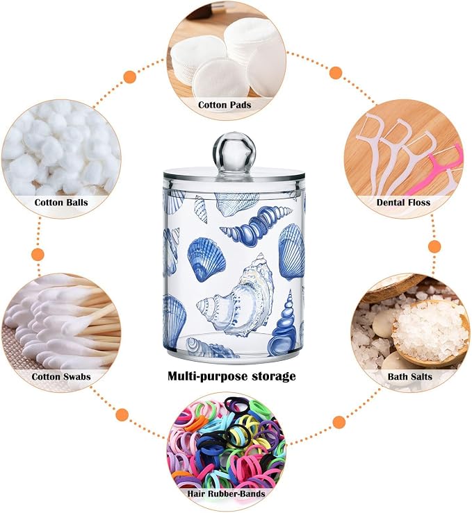2 Pack Qtip Holder Dispenser for Cotton Ball Blue Seashells Ocean Nautical Coastal Cotton Swab Round Pads Clear Plastic Acrylic Jar Set Bathroom Canister