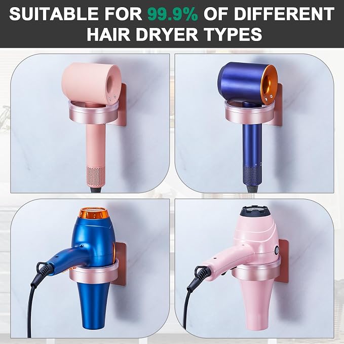 Blow Dryer Holder Wall Mounted, hairdryer holder for bathroom, Blow Dryer Organizer, hair tool organizer wall mount, Adhesive Hair Dryer Storage for Bathroom Barber Shop (Rose Gold)