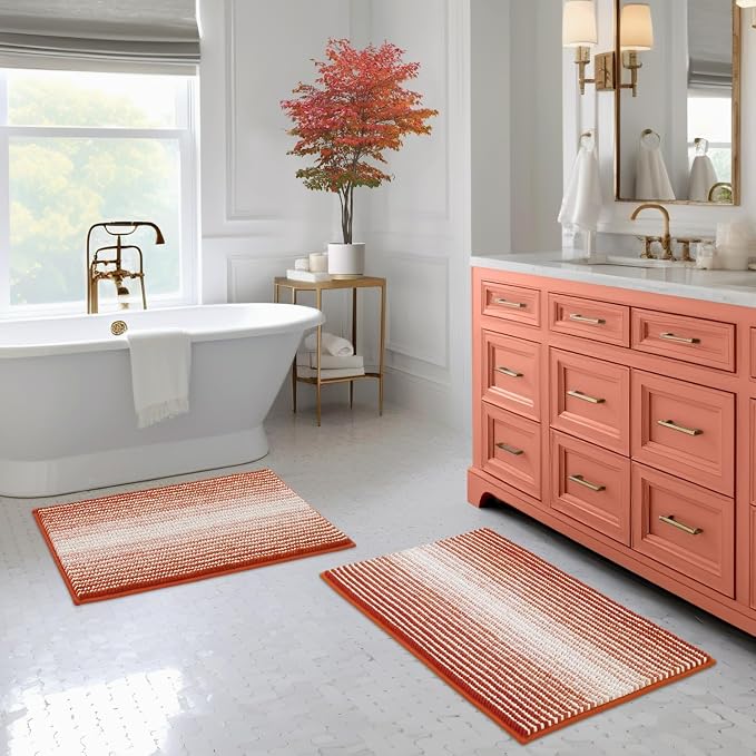 Fall Bathroom Rugs Sets 2 Piece, Non Slip Bath Mats, Sunset Orange | 20"x32" Plus 16"x24", Soft Absorbent Chenille, Quick Dry Machine Washable, Shower Rug for Bathroom Floor, Tub, Bedroom Decor