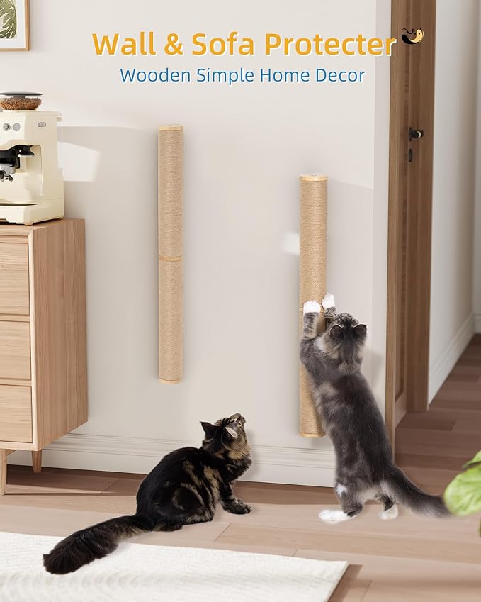 Aechonow 68" Wall Mounted Cat Scratcher,2Pcs of 34in Sisal Scratching Posts | Wood Cat Wall Scratcher,Cat Wall Furniture for Indoor Cats,Cat Wall Climber, Natural Sisal,Tall & Sturdy Corner Climbing Pole
