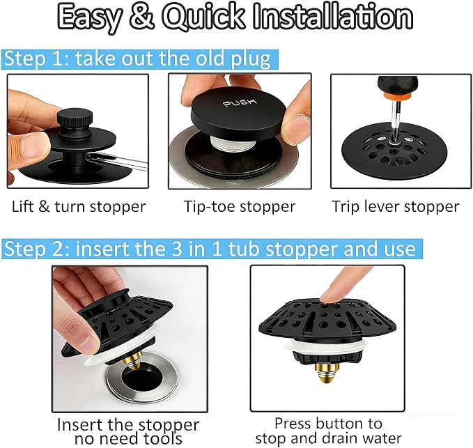 AzWzz Bathtub Drain Stopper,Pop Up Tub Stopper Plug with Hair Catcher Cover | All-metal, Universal for 1.45 in to 1.8 in Tub Drain, Matte Black