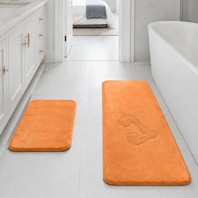 Bathroom Rugs Sets 2 Piece, Non-Slip & Quick Dry Bath Mat Set, Ultra Soft Velvet Bath Rugs for Bathroom, Toilet and Shower Floor, Orange