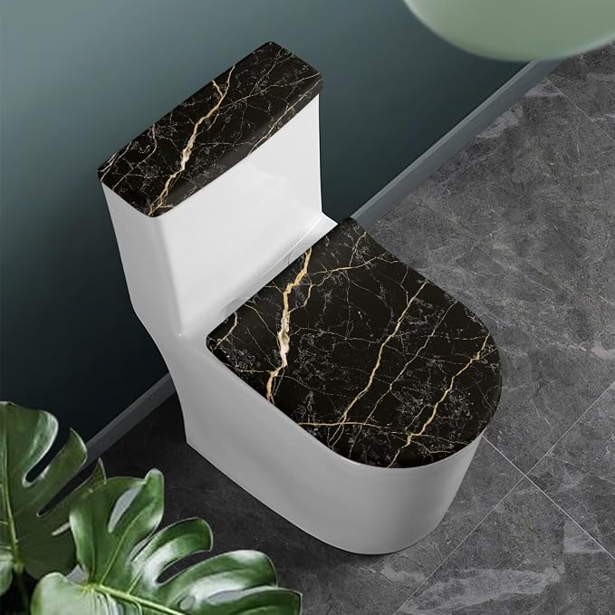 Black Marble Toilet Lid Cover Set of 2 Piece Tank Cover Replacement Home Bathroom Decor Accessories