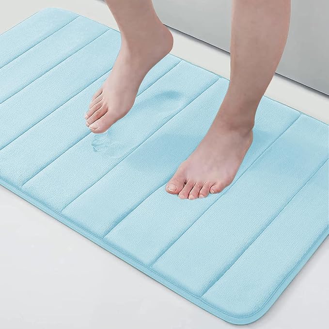 Buganda Memory Foam Bath Mat 34 x 20, Ultra Soft Absorbent Bathroom Rugs | Light Blue, Machine Washable Quick Dry Bath Mats for Bathroom Floor, Shower and Tub, Home Decor Accessories