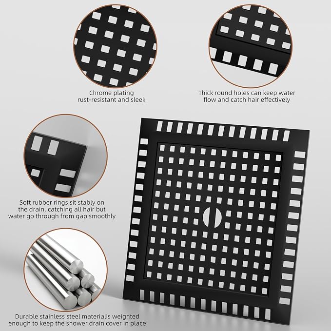4 Inch Square Black Shower Drain Kit with Flange & Lifting Hook, Modern Floor Drain with 2-in-1 Cover Tiled Insert Grate, Stainless Steel SUS 304 (Matte Black, 4 Inch)