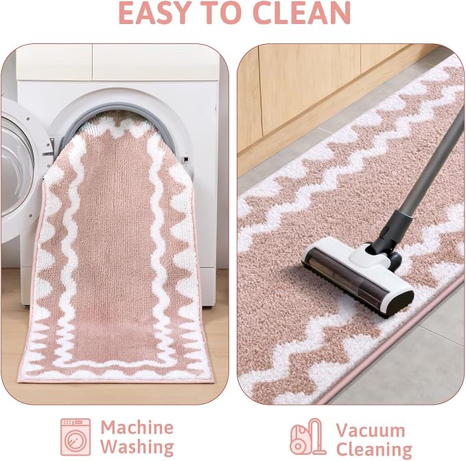 Findosom Bathroom Rugs Sets 3 Piece, Absorbent Soft Non-Slip Bath Rug Set | Washable Microfiber Shaggy Scalloped Bath Mat Set with Door Mat, U-Shaped Toilet Rugs, Shower Rug, Pink
