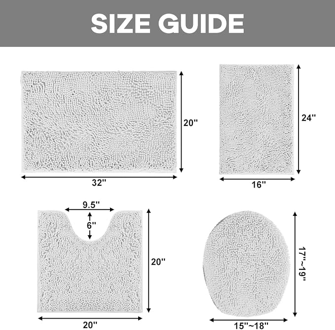 RUN HELIX White Bathroom Rugs Sets 4 Piece with Toilet Lid Cover, Non Slip Bathroom Mats Extra Soft Chenille Bath Rugs Absorbent Shaggy Rugs Perfect Plush Mats U-Shaped Toilet Rug Batroom Set