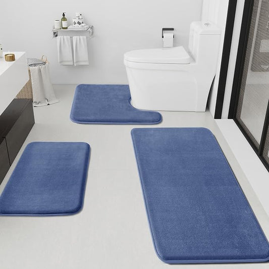 Bathroom Rugs Sets 3 Piece, Non-Slip & Quick Dry Bath Mat Set, Ultra Soft Velvet Bath Rugs for Bathroom, Toilet and Shower Floor, Dusty Blue