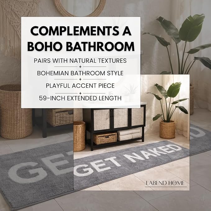 LABEND HOME Get Naked Bath Mat Runner 59"" x24 - Funny Bathroom Rug, Plush Microfiber Non-Slip TPR Backing, Machine Washable Quick-Dry Bath Decor - Grey