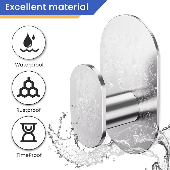 Aikzik Adhesive Towel Hooks - 4 Pack 26LB Heavy Duty Wall Sticky Waterproof Hooks for Hanging Coat, Towel, Robe, Wall Mount for Bathroom or Kitchen (Silver, Stainless Steel)