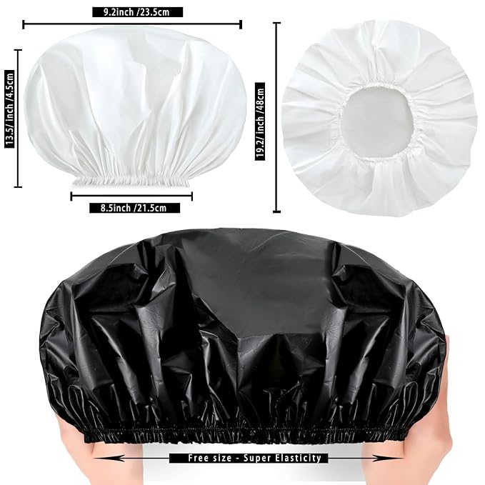 Super Jumbo Shower Cap for Women, 2 PCS Waterproof Hair Caps for Locs | Extra Large, Double Side Reusable PEVA Bath Cap, Washable, Holds Long Thick Twist Braid - Black + White