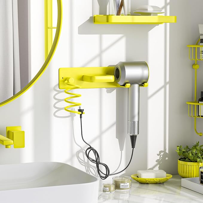 Tindbea Hair Dryer Holder Wall Mount Aluminum Alloy Hot Tools Organizer | Heavy Duty, Bright Yellow