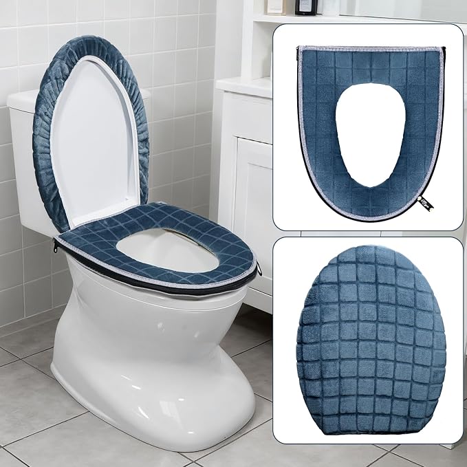 Toilet Seat Cover and Toilet Lid Cover Set, Soft Toilet Seat Cushion with Zipper Adjustable Rubber Backing Toilet Seat Warmer Bathroom Decor and Accessories, Blue Gray