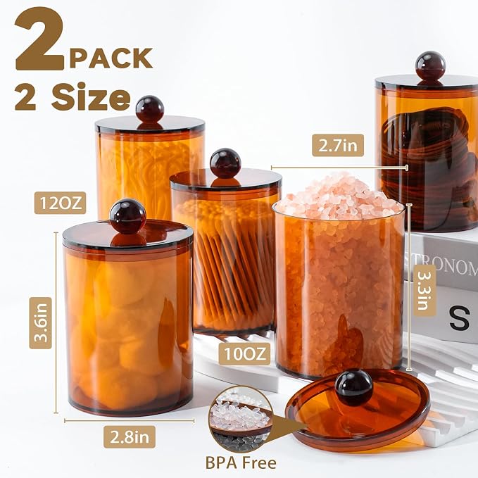 2 Pcs Acrylic Qtip Holder, Cotton Ball Holder Jars with Lids, Brown | Apothecary Jars for Cotton Swabs, Balls, Pads and Floss Picks, Bathroom Vanity Organizer